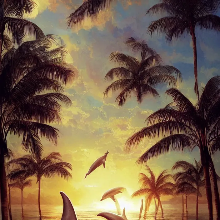 Image similar to dolphin swimming, golden hour, god rays, by artgerm and ismail inceoglu and greg olsen, palm trees, masterpiece, beautiful, intricate, elegant, highly detailed