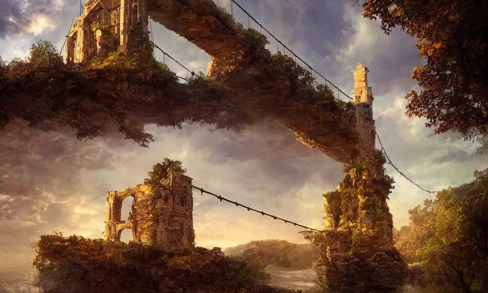 Prompt: a suspension bridge leading to a small flying island in the sky with the ruins of a tower, stunning digital illustration, by james gurney, cinematic lighting, intense colors, beautiful composition, detailed, mystical, beautiful and mysterious