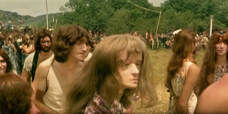 Prompt: photorealistic documentary style cinematography of sexy flowerchild at the 1 9 6 9 woodstock festival shot on 1 6 mm eastman 7 2 5 4 film with a angenieux 1 2 - 1 2 0 mm zoom lens shot at magic hour by cinematographers, malcolm hart, don lenzer, michael margetts, david myers, richard pearce, michael wadleigh