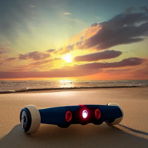 Image similar to concpet art featuring a futuristic ferrari themed hoverboard sitting at the beach during sunset. fine detail. surf. this 4 k hd image is trending on artstation, featured on behance, well - rendered, extra crisp, features intricate detail, epic composition and the style of unreal engine.