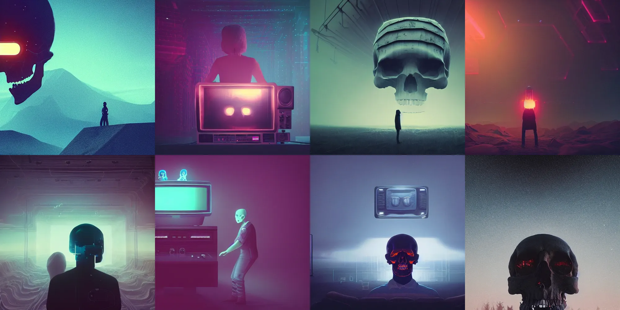 Prompt: beautiful dark landscape, person with old television head, skull on the screen, in the style of beeple and Mike Winkelmann, intricate, epic lighting, cinematic composition, hyper realistic, 8k resolution, unreal engine 5,