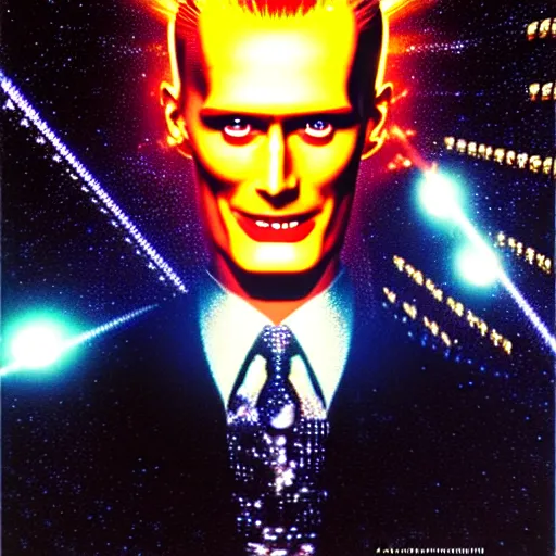 Prompt: uhd hyperrealistic photorealisitc detailed image of cosmic max headroom with sparking, busted, broken cybernetic implants, correct face, matt frewer as max headroom by ayami kojima, amano, karol bak, greg hildebrandt and mark brooks