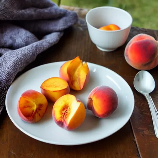 Prompt: girl in the background, table and plate of peaches in the foreground,