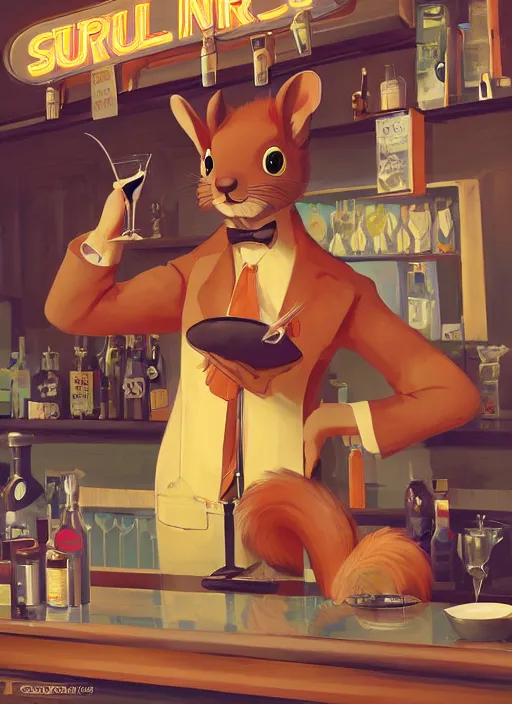 Image similar to squirrel anthro as a dapper bartender with a huge fluffy tail, retro futurism, art deco, detailed painterly digital art by WLOP and Cory Loftis, 🐿🍸🍋, furaffinity, trending on artstation