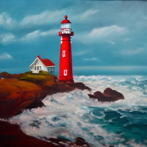 Image similar to an oil painting of a lighthouse overlooking a blood ocean