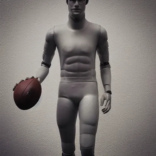 Image similar to “ a realistic detailed photo of a guy who is an attractive humanoid who is half robot and half humanoid, who is a male android, football player christian mccaffrey, shiny skin, posing like a statue, blank stare, on the field, on display ”