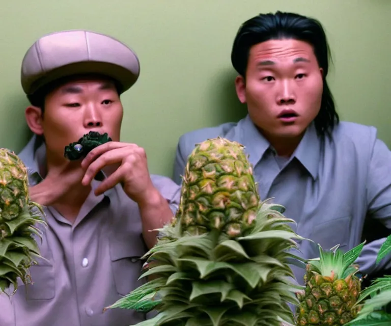 Image similar to hyperralism pineapple express movie still photography of real detailed north korean kim chen with detailed face smoking high detailed weed and reviewing weed bush in detailed basement bedroom ultra violet light