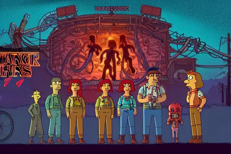 Prompt: scene from the animated version of Futurama Stranger Things with Jim Hopper and Demogorgon, cartoon, detailed faces, high resolution, hyper detailed, intricate, illustrated, dramatic lighting, illustration, artstation, concept art, smooth, sharp focus, art by Alphonse Mucha and Matt Groening !n-9