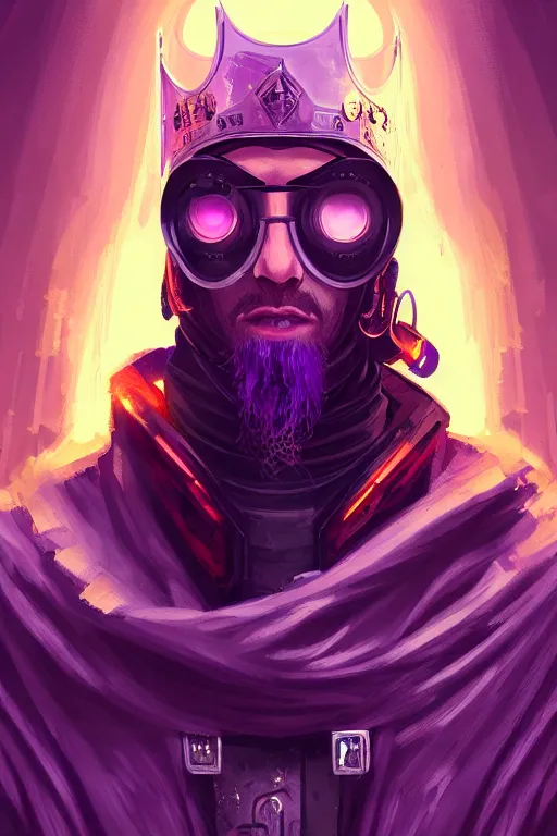 Prompt: a portrait of the cyberpunk medieval - styled king, purple eyes, high - contrast, intricate, elegant, highly detailed, digital painting, artstation, concept art, smooth, sharp focus, illustration