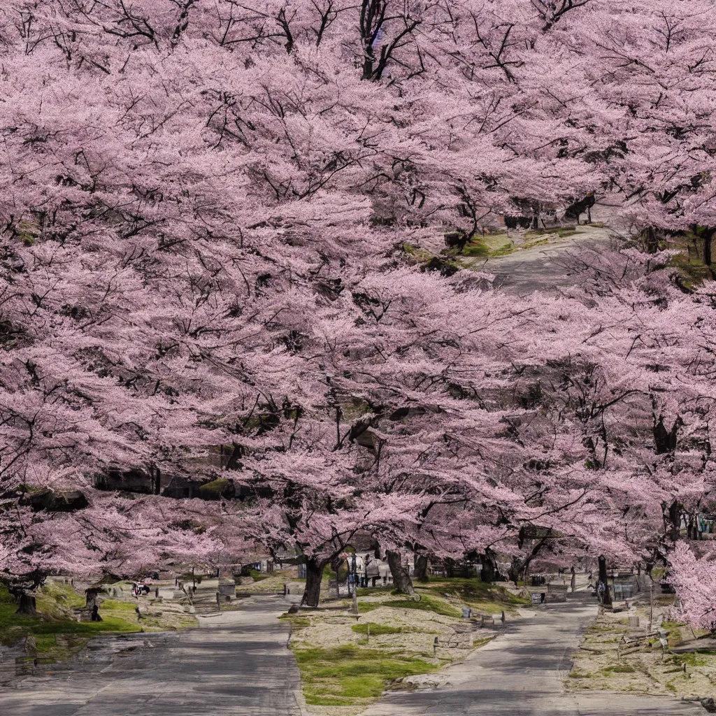 Image similar to old empty samurai city surrounded by sakura trees few