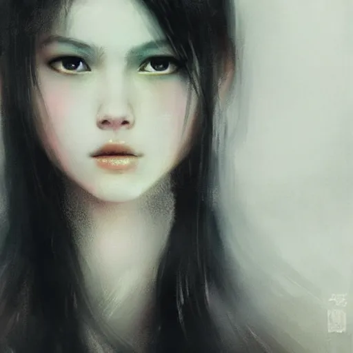 Image similar to a cute girl by ruan jia, closeup headshot, black long hair, black eyes, movie poster style