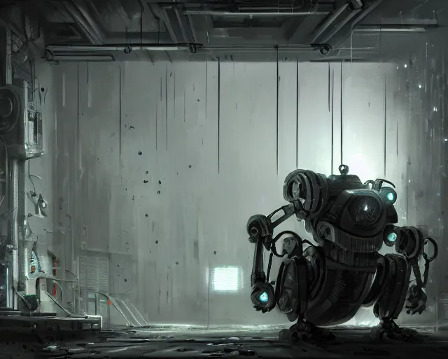 Image similar to robo in gloomy ruined server room in datacenter robot painting concept art of automata rusty steel robot knight colossus welder pacing mono eyed, sharp focus, emitting diodes, smoke, artillery, sparks, racks, motherboard, by pascal blanche rutkowski repin artstation hyperrealism detailed matte painting, 4 k resolution blade runner