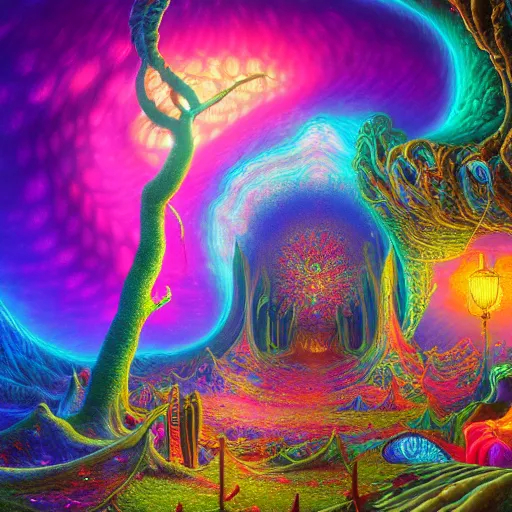 Image similar to Photorealistic Magical Wonderland in the style of Lisa Frank, Robert Venosa, Michael Whelan and Gustave Dore. Hyperdetailed photorealism, 108 megapixels, amazing depth, glowing rich colors, powerful imagery, psychedelic Overtones, 3D finalrender, 3d shading, cinematic lighting, artstation concept art