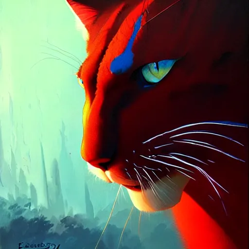 Image similar to a big blue cat caught a red sable. turqoise background. painting by eddie mendoza, greg rutkowski, james gurney