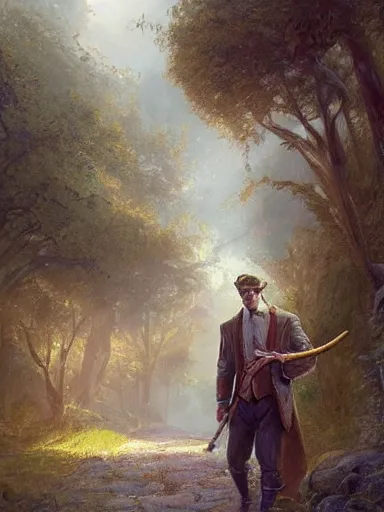 Image similar to a handsome man, holding a adorned cane. walking in a rural area. intricate, elegant, highly detailed, digital painting, artstation, concept art, sharp focus, illustration, by justin gerard and artgerm, 8 k