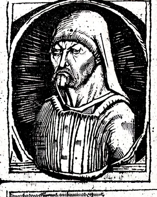 Image similar to b & w woodcut portrait of oprtimus prime from the nuremberg chronicle, 1 4 9 3, restored, hq scan