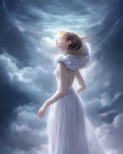 Image similar to Beautiful portrait of a woman wearing a dress of clouds, cloud couture, halo of light, artgerm, scenic fantasy art, wlop, deviantart