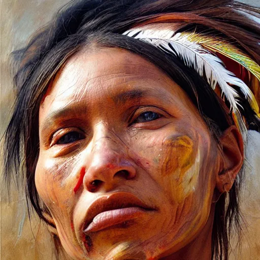 Prompt: high quality high detail painting by jenny saville, hd, a skinny beautiful indigenous woman tribe leader, hair in wind, many pretty feathers, photorealistic lighting