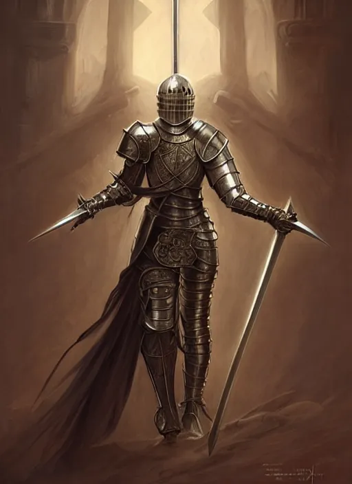 Prompt: esoteric knight in armor with sword!! murky lighting, wind blowing, full body portrait, fairytale, physical mental perfection, symmetrical! intricate, romanticism, highly detailed, biblical divine holy perfection!! digital painting, artstation, concept art, smooth, sharp focus, by artgerm and greg rutkowski and alphonse mucha