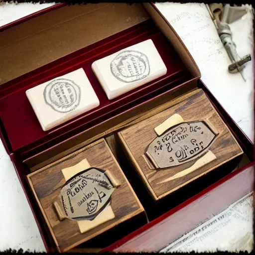 Image similar to vintage gift box for men, stamped with sealing wax, old school, wes anderson style