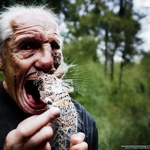 Image similar to National Geographic photo of angry old man with spiders in his mouth