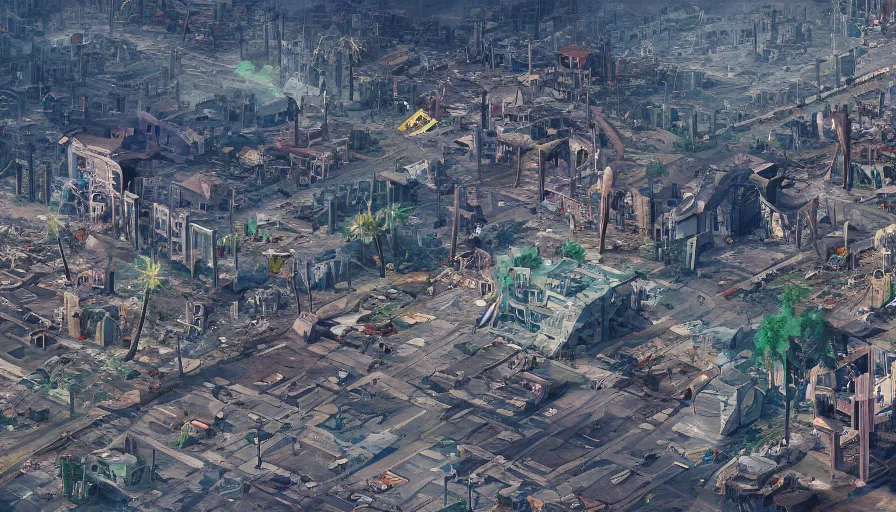 Prompt: Digital painting of destroyed Central Los Angeles covered by vegeration, hyperdetailed, artstation, cgsociety, 8k