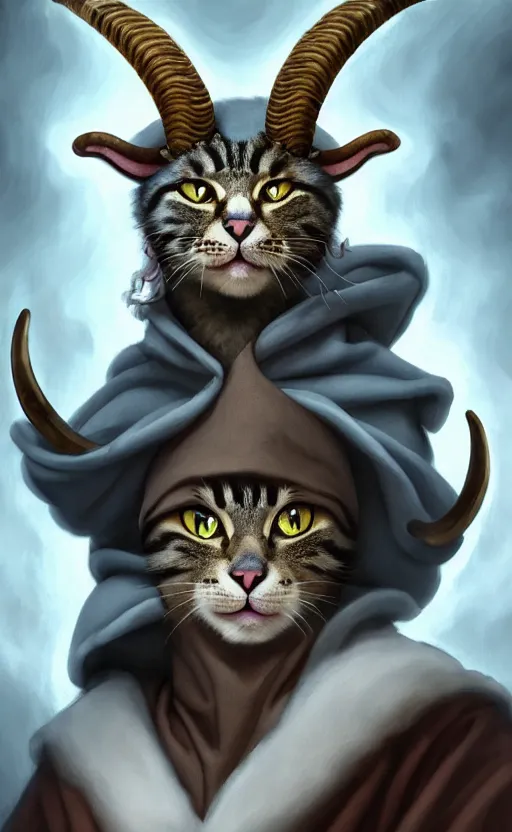 Image similar to a bipedal cat that has 2 goat horns, anthropomorphic cat that is wearing robes, matte oil painting, by michelangelo, d & d, fantasy, concept art, cosmic, magical, fog, noble, full body portrait, intricate, ornate, extremely detailed, cult, ritual, sharp focus, 4 k, 8 k