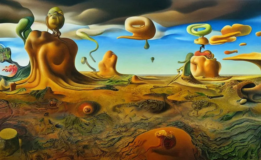 Prompt: strange surrealist landscape with very small strange figures in the distance with large looming biomorphic figures looming inthe foreground, painted by dali and todd schorr and rachel ruysch, timeless disturbing masterpiece