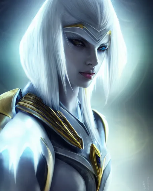 Image similar to perfect white haired attractive egyptian goddess, warframe armor, beautiful, symmetric, dreamy, half asian, pretty face, green eyes, charlize theron, detailed, scifi platform, laboratory, experiment, 4 k, ultra realistic, epic lighting, android body, illuminated, cinematic, masterpiece, art by akihito tsukushi, voidstar