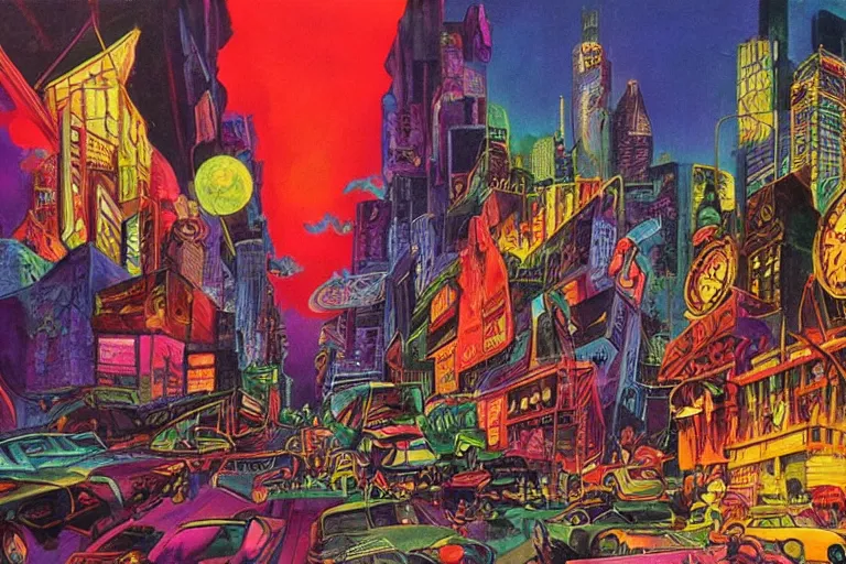 Image similar to surreal colorful nightmarish cityscape, artwork by Ralph Bakshi
