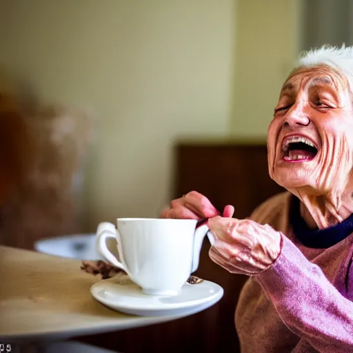 Prompt: elderly woman screaming at a cup of tea, canon eos r 3, f / 1. 4, iso 2 0 0, 1 / 1 6 0 s, 8 k, raw, unedited, symmetrical balance, wide angle