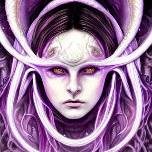 Image similar to Elden Ring themed painting of majestic chromatic purple-eyed girl with thin purple tentacles on her head beautiful ethereal angel symmetrical neutral black metal closeup face tattoo pattern golden ratio concept, Neo-Gothic concept, infinity glyph waves, intricate artwork masterpiece, very coherent artwork, cinematic, full frontal facial features by Artgerm, art by H.R. Giger, Joseph Michael Linsner, Zdizslaw Beksinski, Johnatan Wayshak, Moebius, Ayami Kojima, very anatomically coherent artwork, trending on cgsociety, ultra high quality model, production quality cinema model, high detail chromatic ink outline, octane render, unreal engine 8k, hyper realism, high detail, octane render, unreal engine, 8k, High contrast