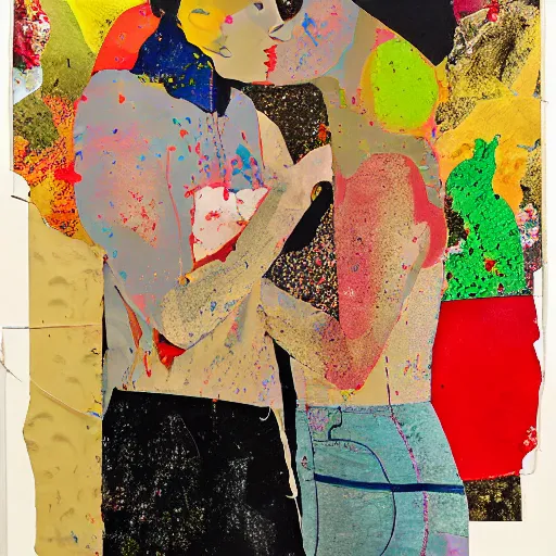 Image similar to two women kissing at a carnival, mixed media collage, retro, paper collage, magazine collage, acrylic paint splatters, bauhaus, layered paper art, sapphic visual poetry expressing the utmost of desires by jackson pollock