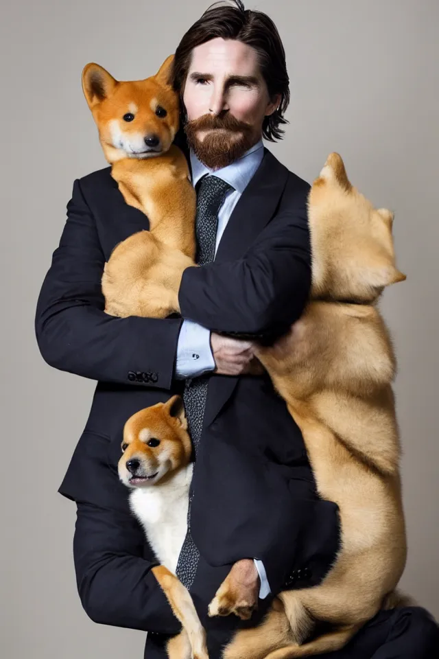 Prompt: a highly detailed portrait of christian bale wearing a suit, holding a shiba inu in his arms, hyperrealistic, highly detailed, 8 k, canon 2 4 mm f / 1. 4 lens,