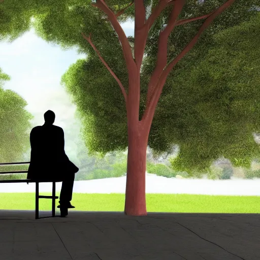 Prompt: A businessman is sitting on a bench eating lunch in a park. A tall ladder lurks menacingly behind him. A tall ladder lurks menacingly behind him. , shadows, realistic, 4k