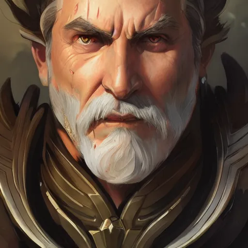 Image similar to high fantasy character portrait of Reinhardt from Overwatch, intricate, wild, highly detailed, digital painting, artstation, concept art, smooth, sharp focus, illustration, art by artgerm and greg rutkowski and alphonse mucha