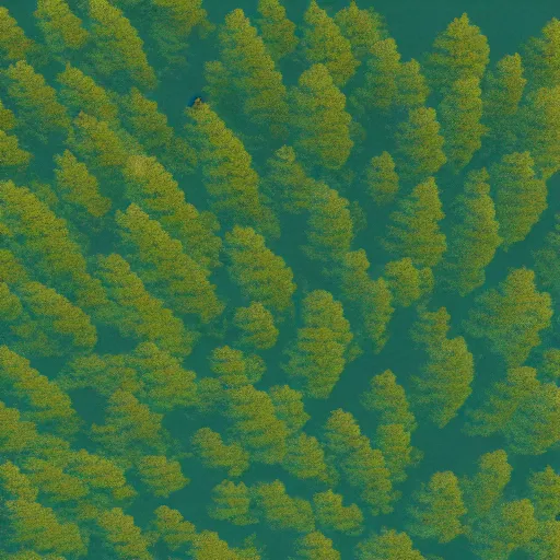 Image similar to a top down view of a digital painting of a thick pine tree forest