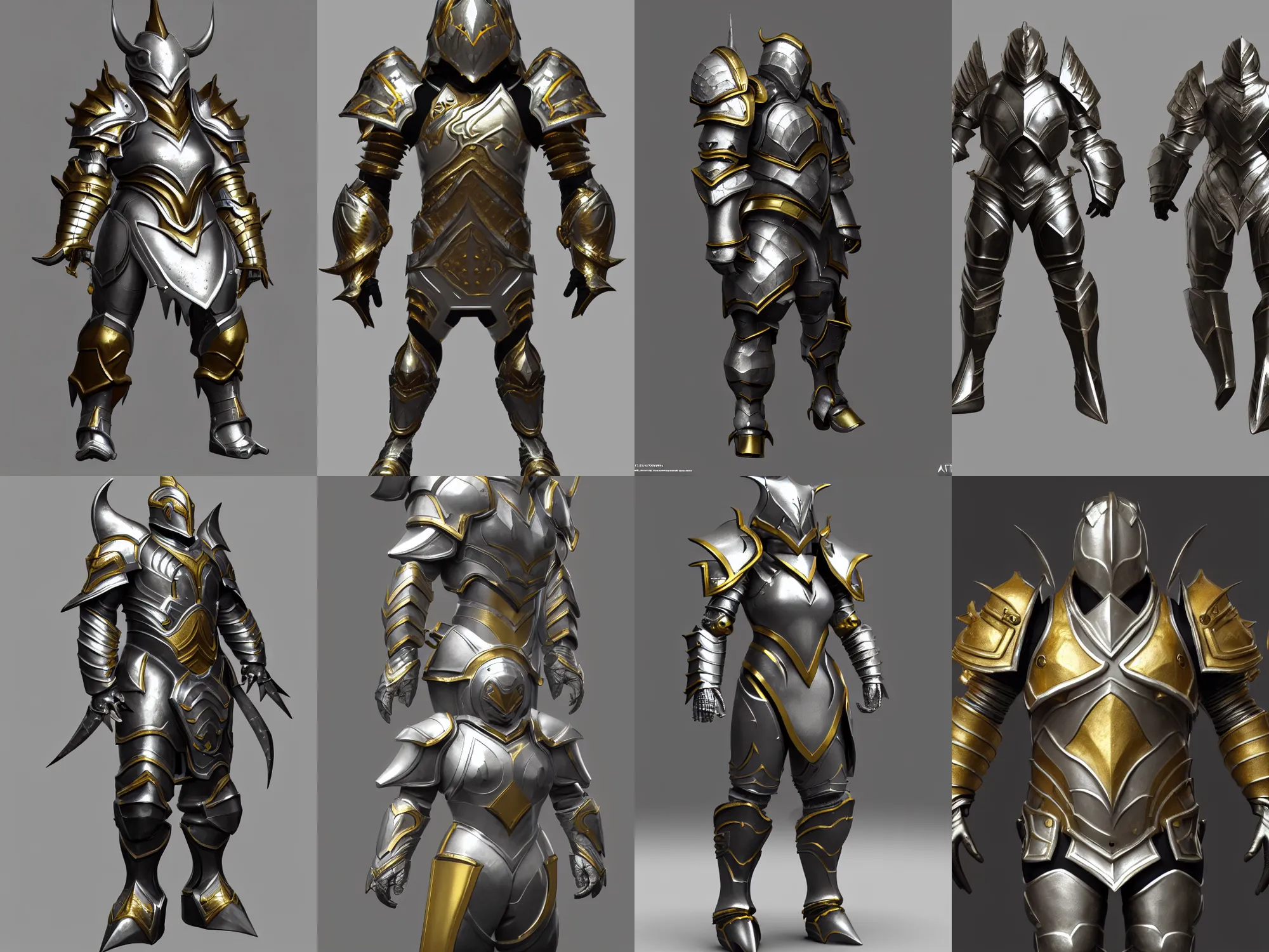 Prompt: render of heavy fantasy armor, silver with gold trim, extremely clean, exaggerated proportions, trending on Artstation, fantasy character concept, HD Octane render, 8K