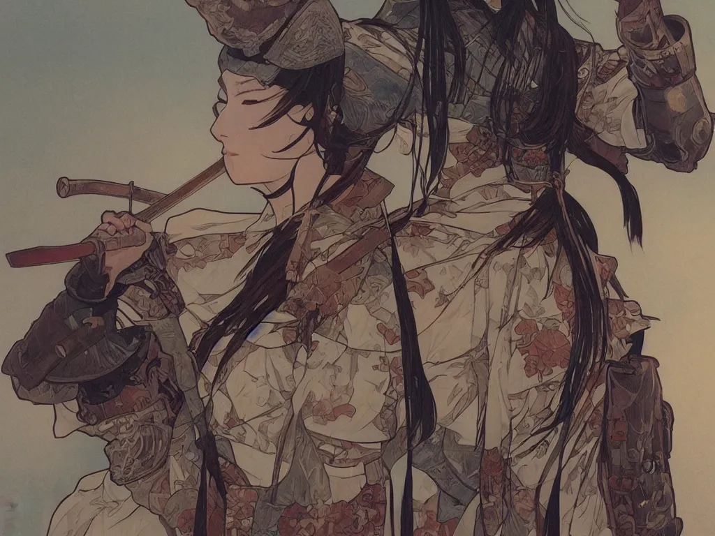 Image similar to a wandering samurai in full armor, dusk, by fiona staples, range murata, alphonse mucha