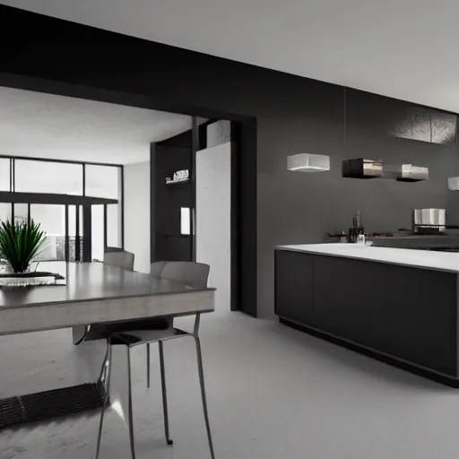 Image similar to brutalist house kitchen interior design ominous dark powerful giant open space high quality furniture octane render