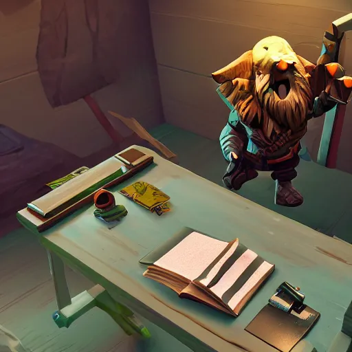 Prompt: A dwarf peeking over his desk surprised like Killroy, the desk is covered in scattered papers, deep rock galactic screenshot, low poly, digital art.