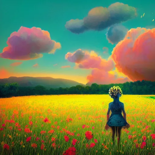 Image similar to big flower afro, full body, girl standing in the middle of a field with flowers, surreal photography, hills, sunrise dramatic light, impressionist painting, colorful clouds, digital painting, pointillism, artstation, simon stalenhag