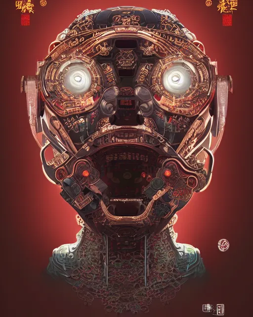 Image similar to portrait of a cyberpunk machine, machine face, upper half portrait, decorated with chinese opera motifs, asian, fine china, traditional chinese art, intricate, elegant, highly detailed, symmetry, headpiece, digital painting, artstation, concept art, smooth, sharp focus, illustration, art by artgerm and greg rutkowski and alphonse mucha, 8 k