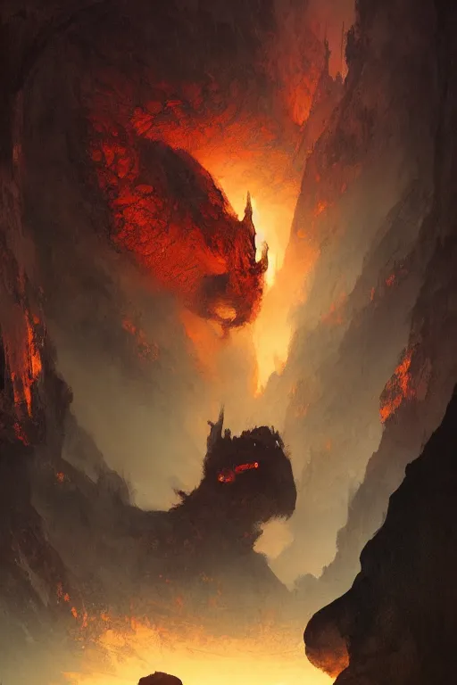 Image similar to looking up at a balrog in a vast cavern, intricate, elegant, highly detailed, john park, frazetta, sparth, ruan jia, jeffrey catherine jones