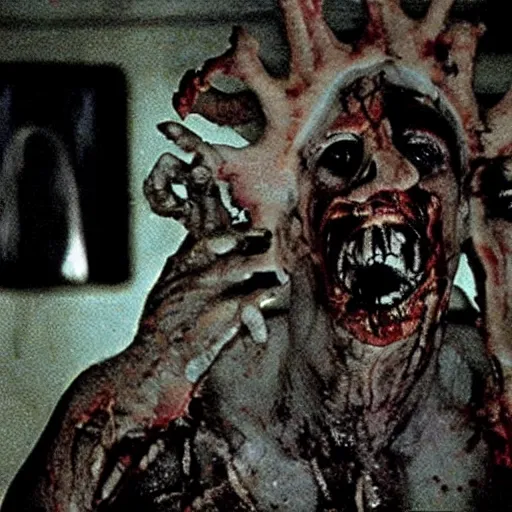 Image similar to ugly filthy gross fleshy raw meat zombie raven deer fox. David Cronenberg. Body horror style. 35mm.