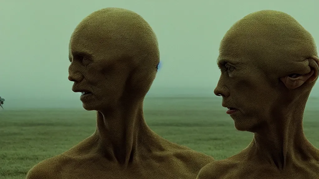 Prompt: a strange creature moves the human head, film still from the movie directed by Denis Villeneuve with art direction by Zdzisław Beksiński,