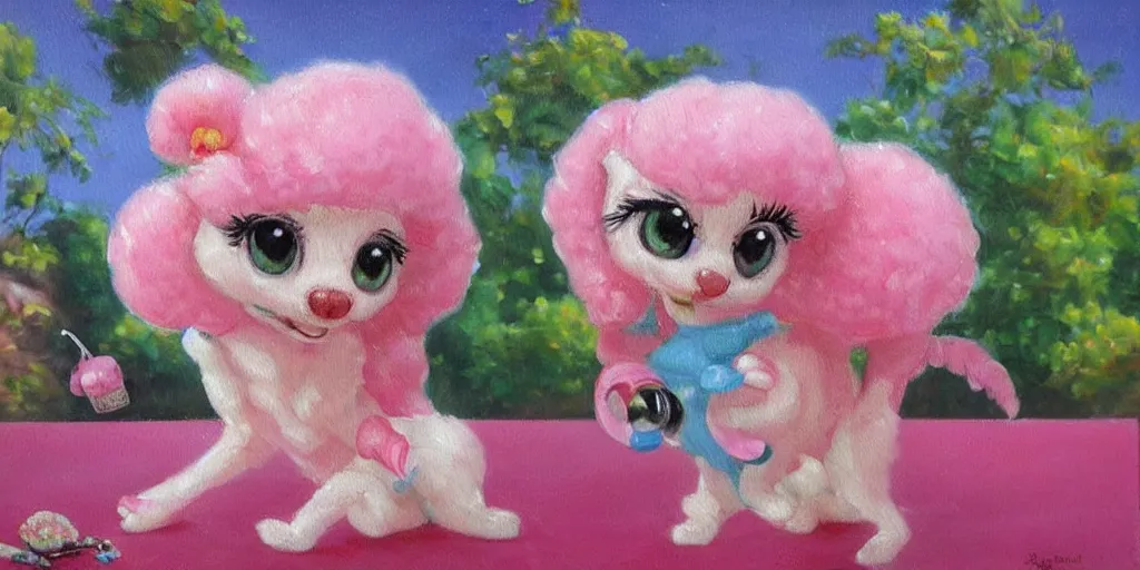 Prompt: bubble gum ice cream made in the shape of 3 d littlest pet shop poodle, realistic, melting, soft painting, forest, desserts, ice cream, glitter, master painter and art style of noel coypel, art of emile eisman - semenowsky, art of edouard bisson
