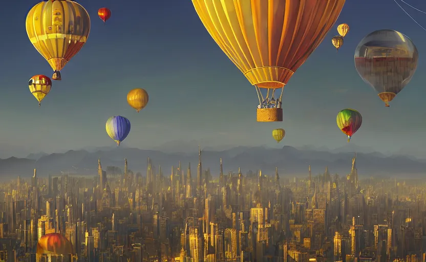 Image similar to hyperdetailed baloons made of liquid chrome floating over a cityscape at golden hour, by vladimir kush, by jeff koons, 8k resolution, realistic shadows, rendered in octane, hyperdetailed, meticulous, intricate