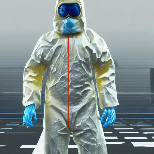 Image similar to hazmat suit wrestlemania, hyper realism, cinematic, volumetric lighting, epic composition, high detail, octane render, unreal engine, 8 k, concept art, 3 d render, datamosh, ray tracing, apocalyptic, intricate complexity, extremely detailed, very sharp,