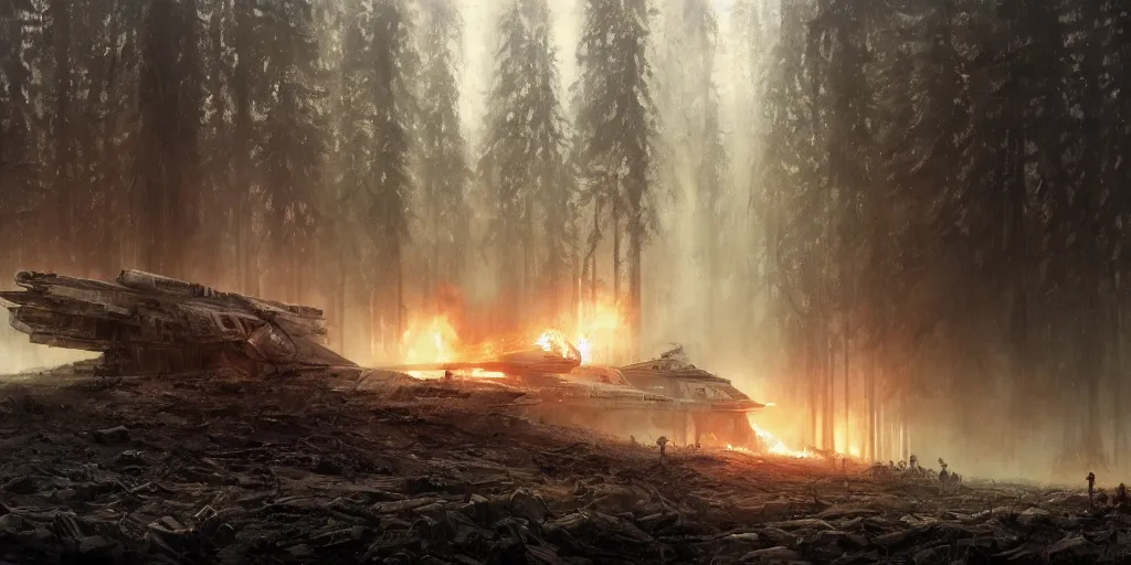 Image similar to a painting of a cinematic keyframe of star wars a destroyed at - at in a forest, heavy atmosphere, fire and smoke by greg rutkowski, rule of thirds, golden ratio, ambient lighting, wlop, artgerm, artstation, highly detailed masterpiece, dark fantasy art, high detail, trending on artstation